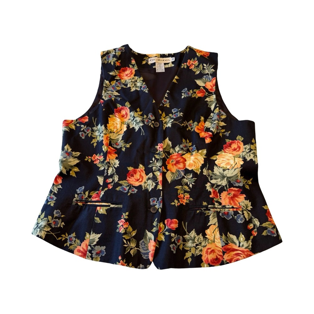 JH Collectibles Vintage 90s Floral Vest Navy Linen Rayon‎ Rose Print Peplum 14